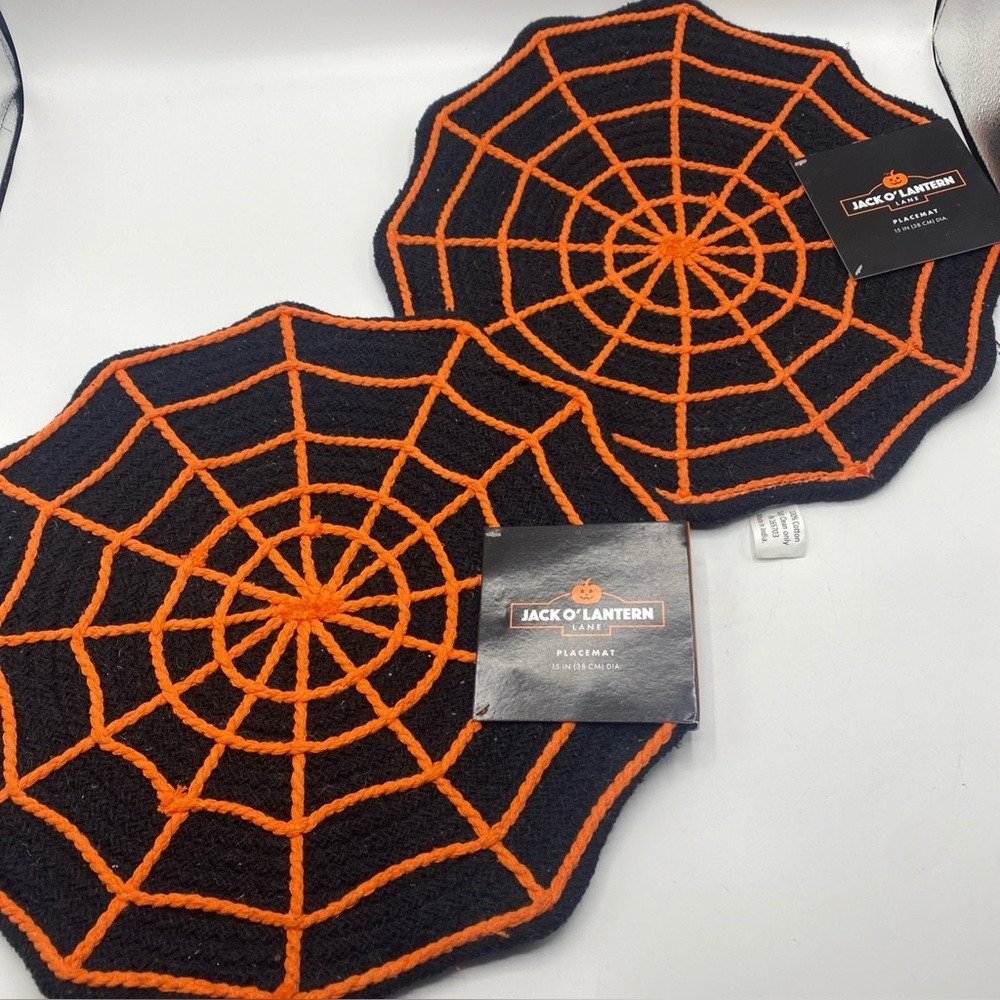 Spider Web Halloween Placemats Set of 2 Table Mats Heat Orange Black Thick